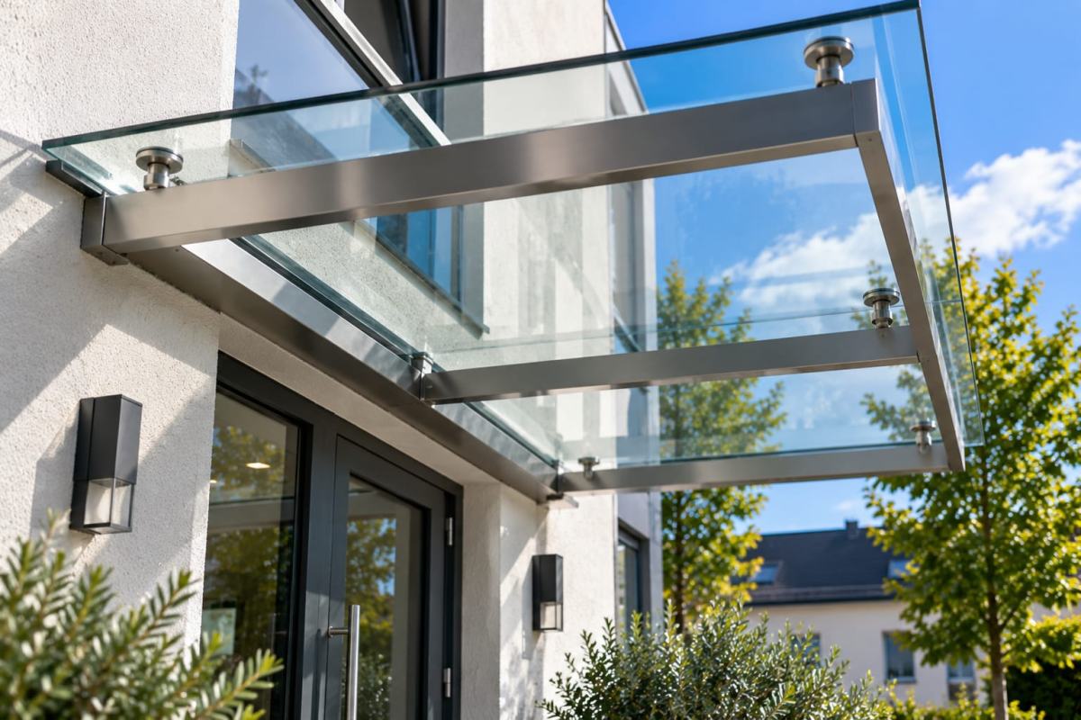 Streifenfrei gereinigte Glasflächen und Rahmenprofile an einem Glasvordach – Glas- und Fensterreinigung in Schwarzenbek
