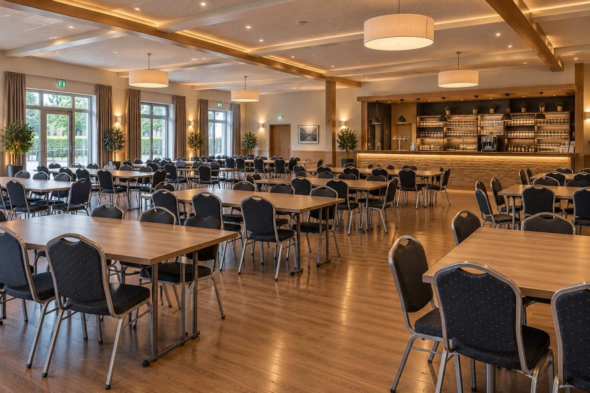 Eingedeckter Gastraum mit Bankettbestuhlung und Theke – Food & Beverage Service und Gastronomiereinigung in Schwarzenbek