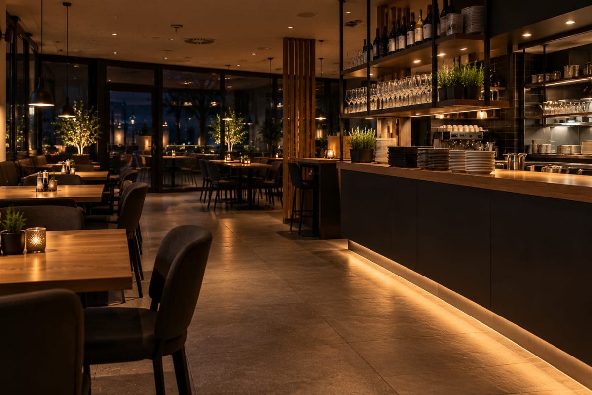 Restaurant mit Tresen und eingedeckten Tischen am Abend – Hotel- und Gastronomie-Support in Schwarzenbek
