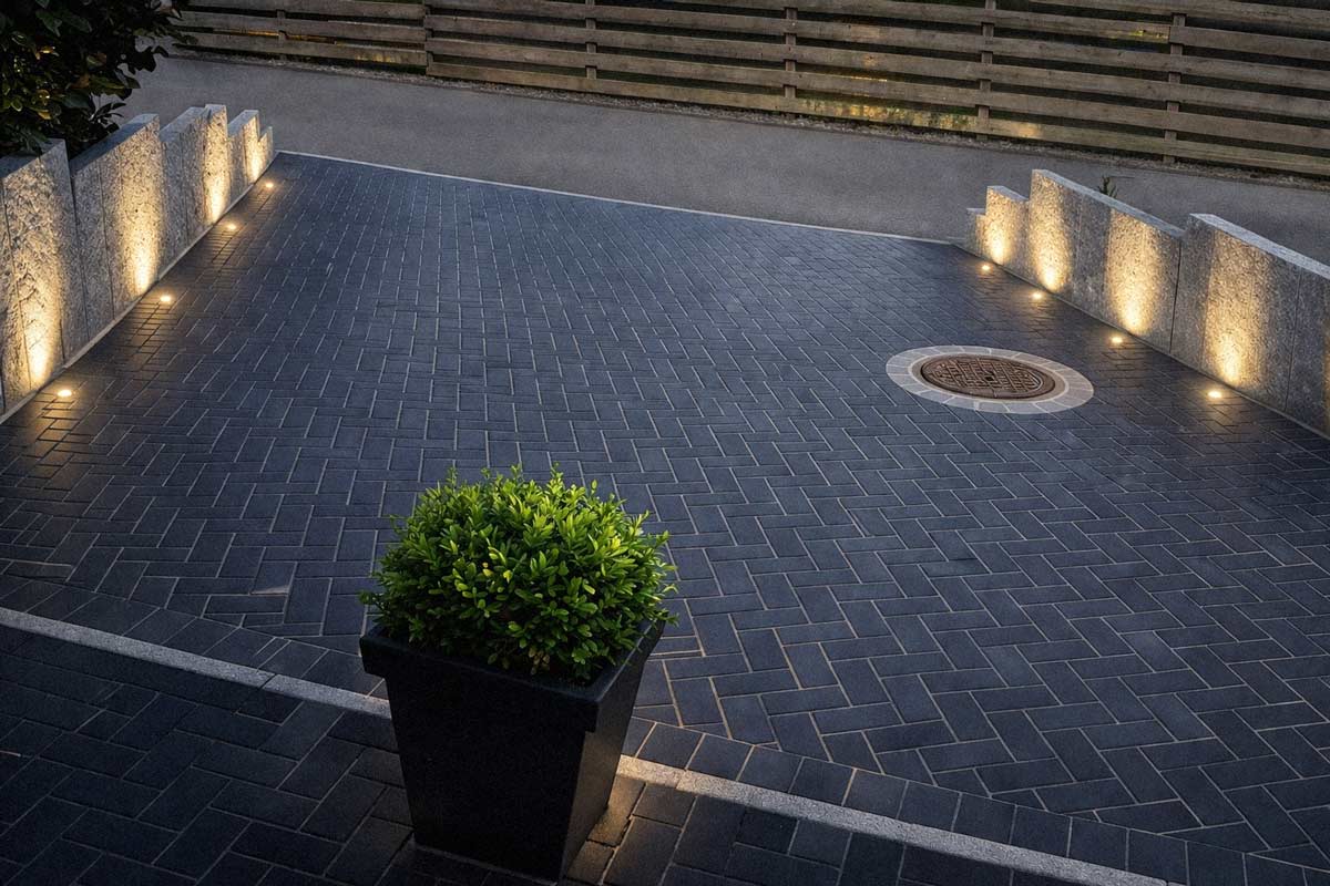 Referenz – Anthrazitpflaster im Fischgrätverband mit Granitstelen und Einfahrtsbeleuchtung