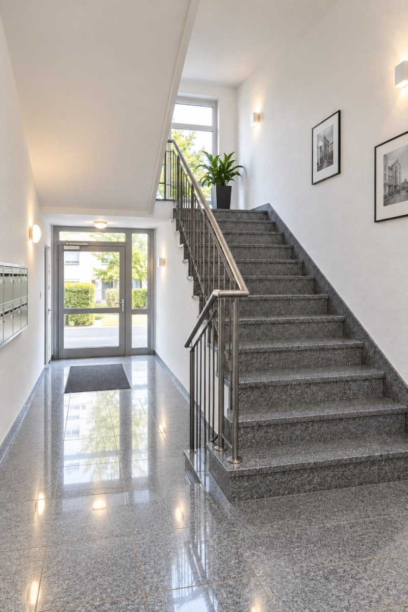 Treppenhausreinigung in Schwarzenbek – gereinigter Eingangsbereich mit Granittreppe und Briefkastenanlage