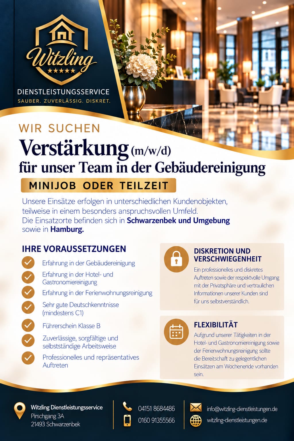 Stellenanzeige Witzling Dienstleistungsservice: Verstärkung (m/w/d) für die Gebäudereinigung gesucht, Minijob oder Teilzeit in Schwarzenbek, Umgebung und Hamburg